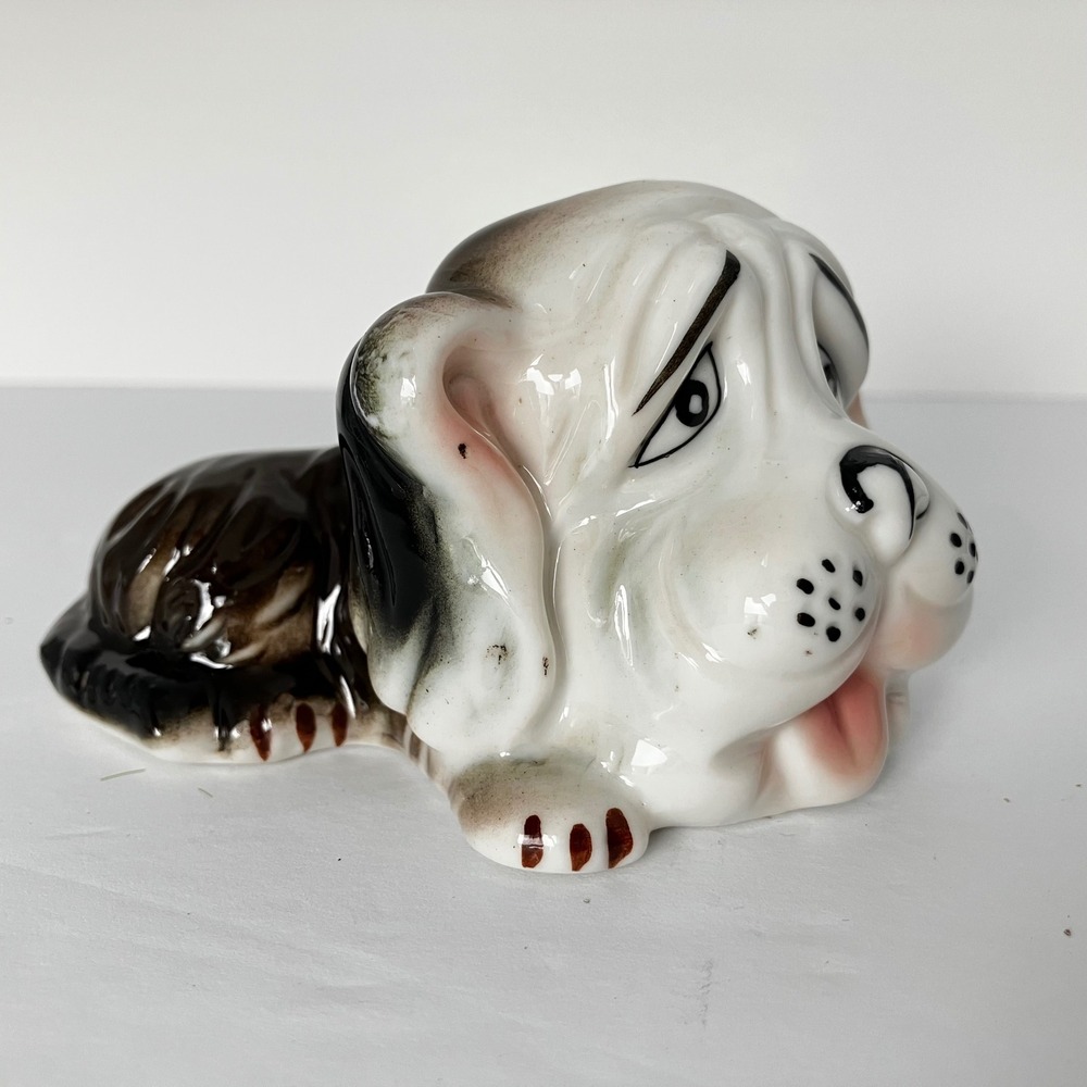 Vintage Basset Hound Bone China Figurine Retro Sad Eyes Black White Hand Painted